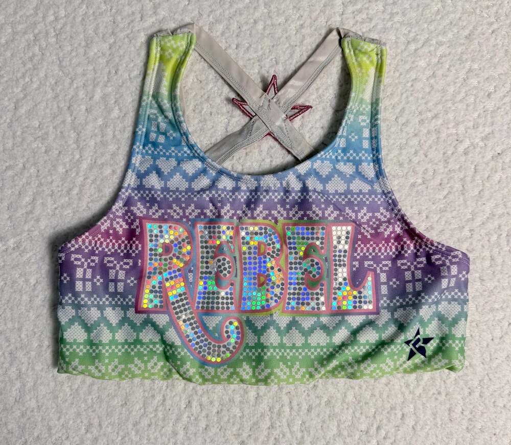 Rebel Athletic Cheer Sports Bra Rainbow Ombre Heart Pattern Size YL